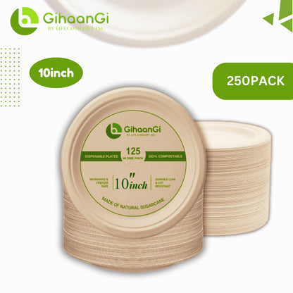 Natural Disposable Plates | 10 inch | 100% Natural | Pack of 250