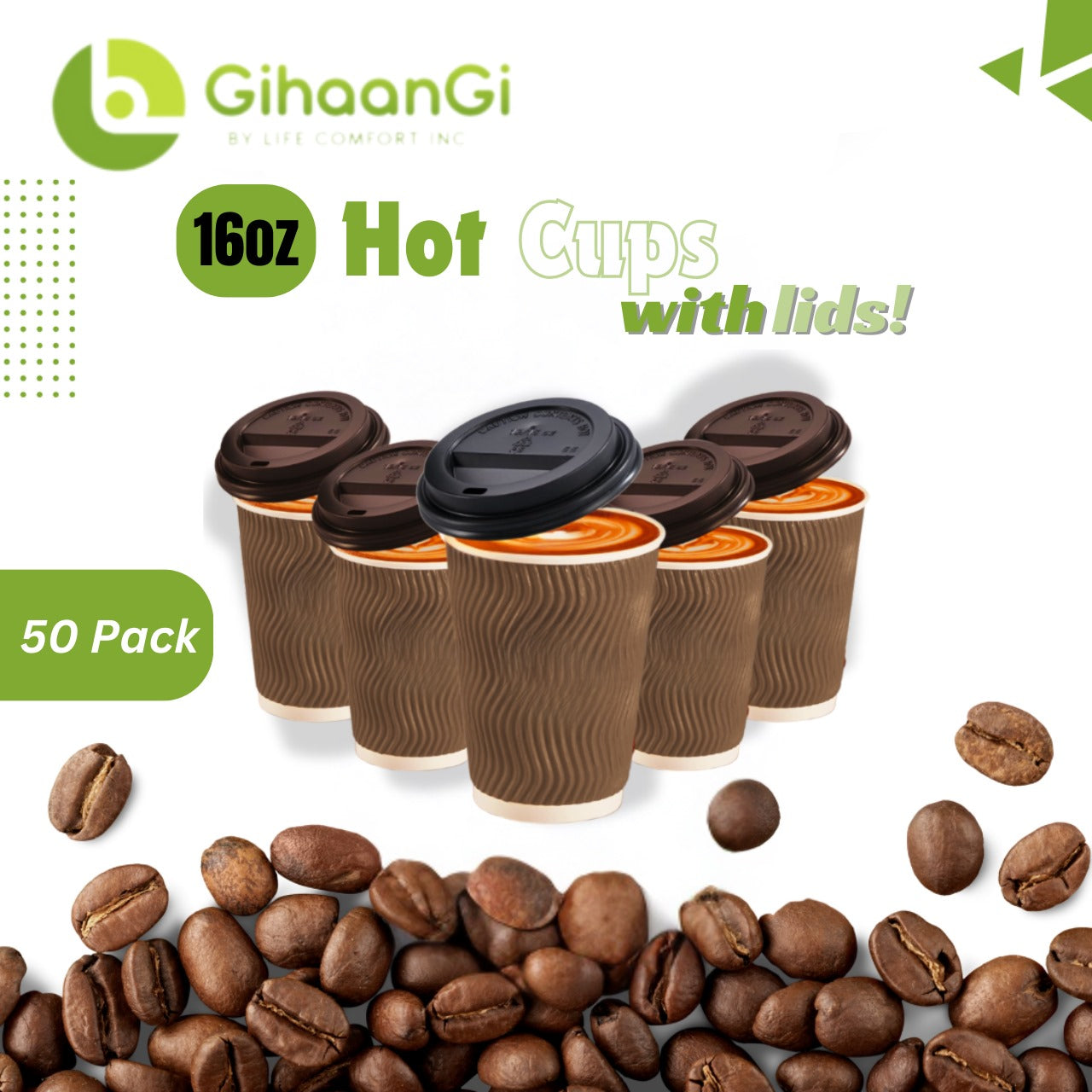 Coffee/Tea cups 16oz with lid  | Triple layered | Made of high quality paper | 100% Safe | Pack of 50 | 20 Packs per carton | MOQ: 1 Carton